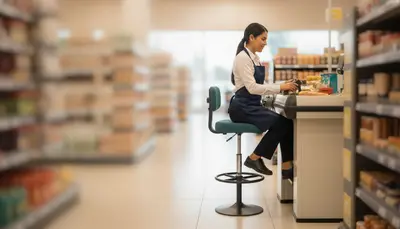 Cajera de supermercado sentada en un banco alto con respaldo y aro descansapiés